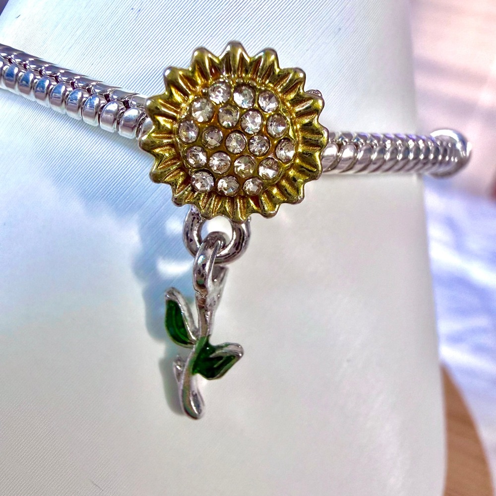 Sunflower Dangle Bead Charm Fits Snake Chain Bracelet Yellow Green Silver